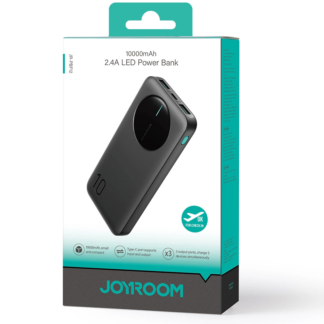 Външна батерия Joyroom JR-PBF12, 10000mAh, 12W, 1 x USB-C - 2 x USB-A, черна