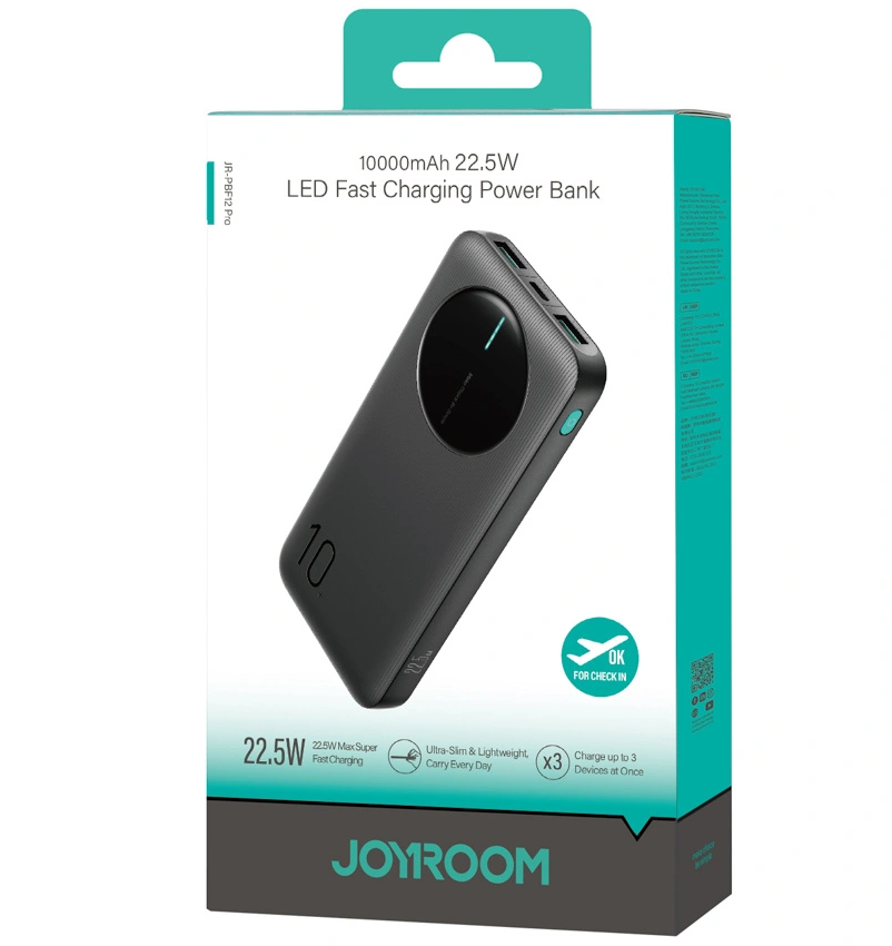 Външна батерия Joyroom JR-PBF12 Pro, 10000mAh, 22.5W, QC + PD, 1 x USB-C - 2 x USB-A, Черна