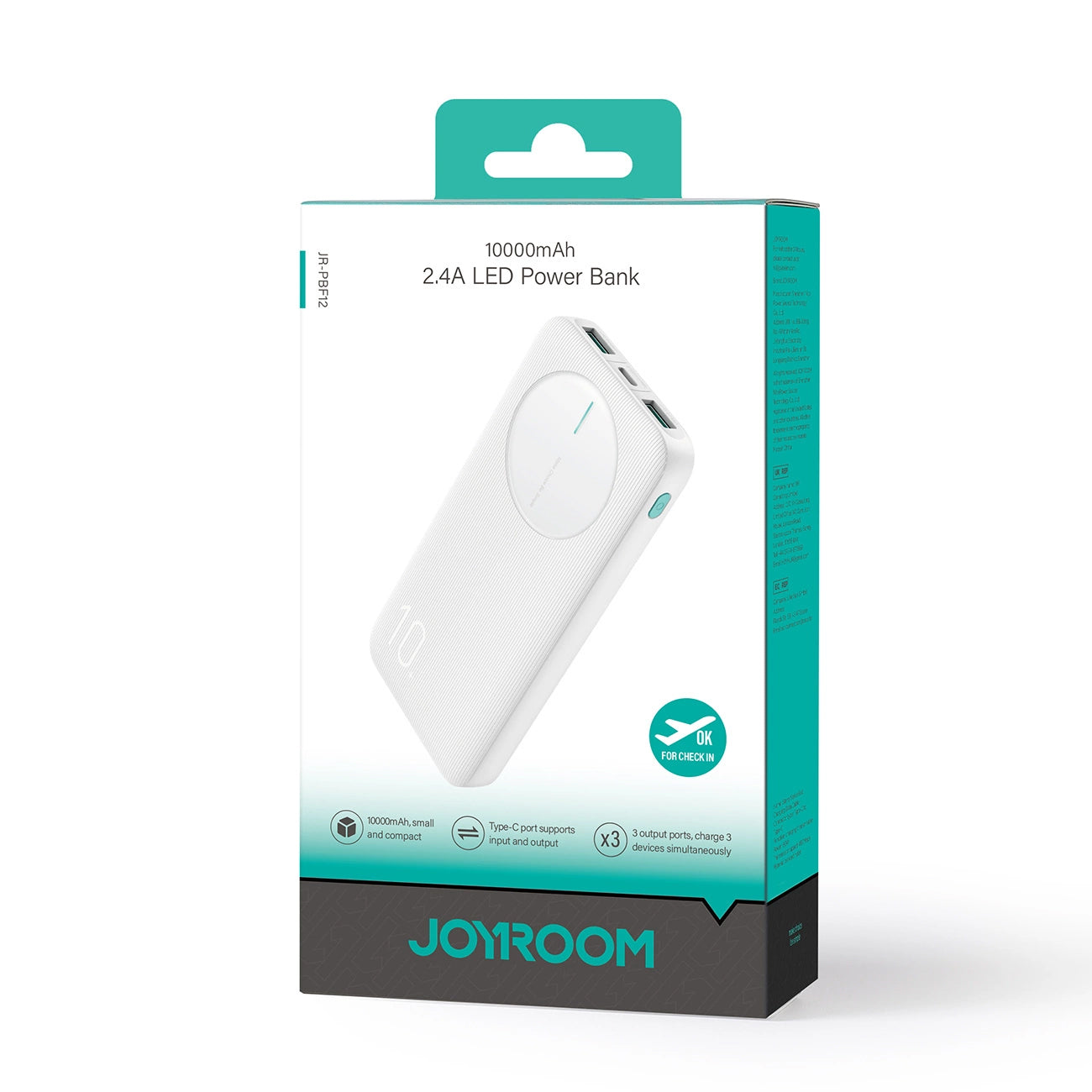 Външна батерия Joyroom JR-PBF12, 10000mAh, 12W, 1 x USB-C - 2 x USB-A, Бяла