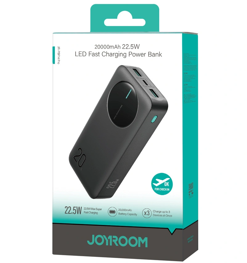 Външна батерия Joyroom JR-PBF14 Pro, 20000mAh, 22.5W, QC + PD, 1 x USB-C - 2 x USB-A, Черна