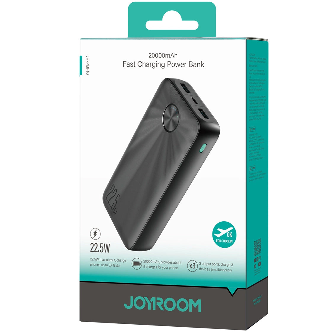 Joyroom JR-PBF16 Външна батерия, 20000mAh, 22,5W, QC + PD, 1 x USB-C - 2 x USB-A, черна 