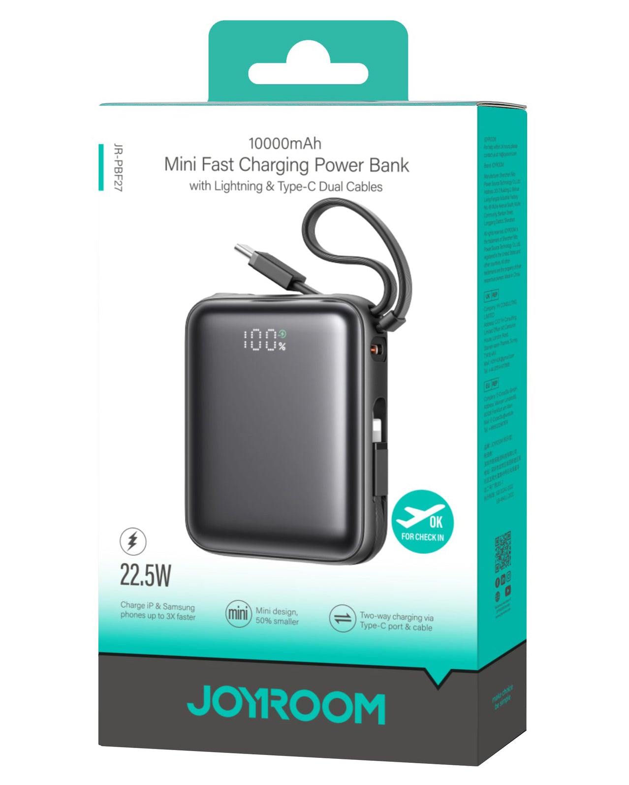 Външна батерия Joyroom JR-PBF27, 10000mAh, 22.5W, QC + PD, 1 x Lightning - 2 x USB-C, Черна