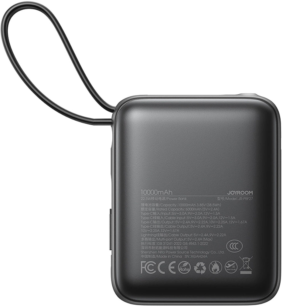 Външна батерия Joyroom JR-PBF27, 10000mAh, 22.5W, QC + PD, 1 x Lightning - 2 x USB-C, Черна