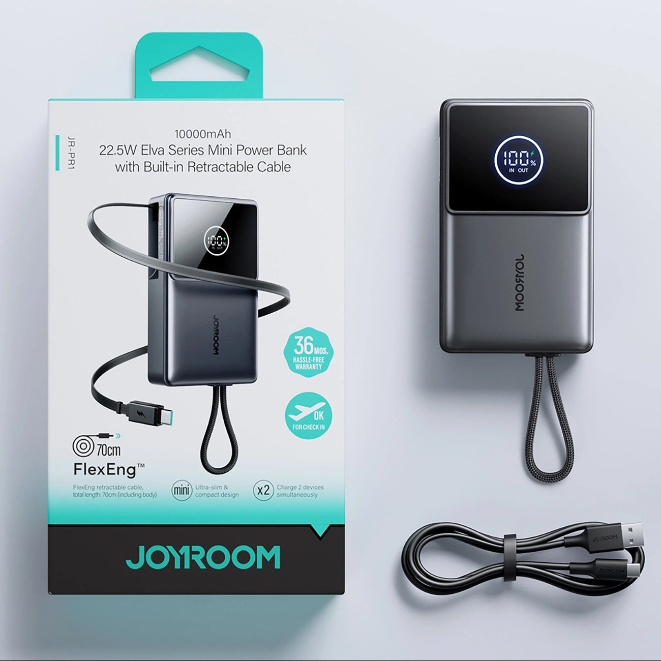 Joyroom JR-PR1 External Battery, 10000mAh, 22.5W, PD, 2 x USB-C, Grey