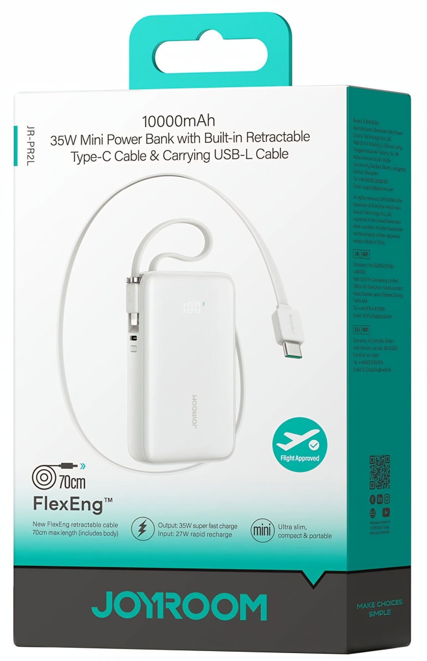 Joyroom JR-PR2L External Battery, 10000mAh, 35W, QC + PD, 1 x Lightning - 2 x USB-C, White