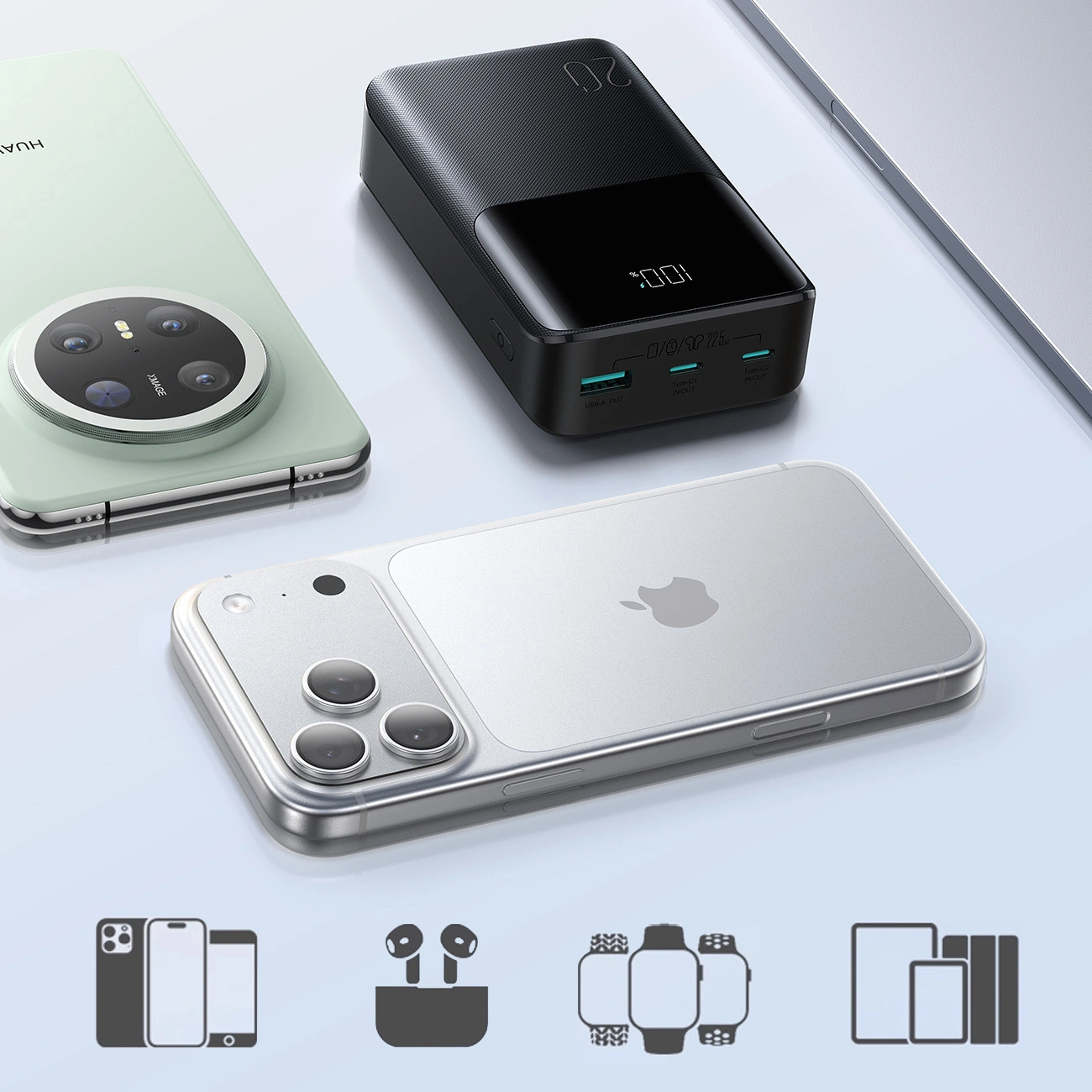 Външна батерия Joyroom JR-QP192, 20000mAh, 22.5W, QC + PD, 1 x USB-A - 2 x USB-C, Черна