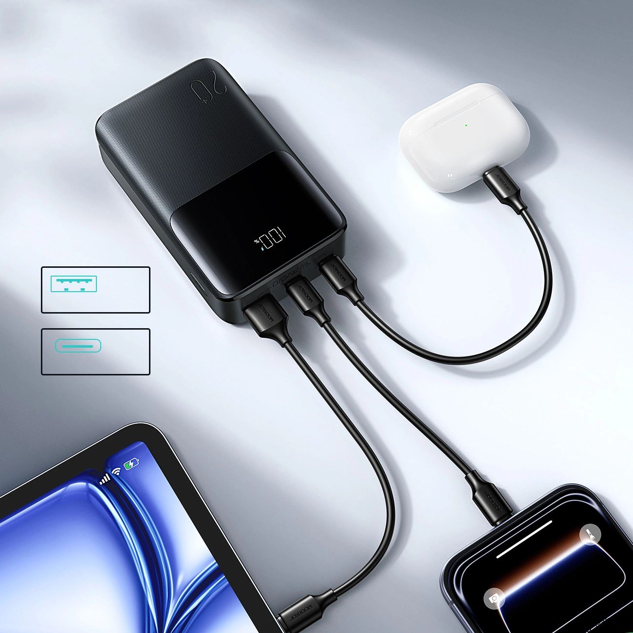 Външна батерия Joyroom JR-QP192, 20000mAh, 22.5W, QC + PD, 1 x USB-A - 2 x USB-C, Черна