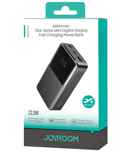 Външна батерия Joyroom JR-QP192, 20000mAh, 22.5W, QC + PD, 1 x USB-A - 2 x USB-C, Черна