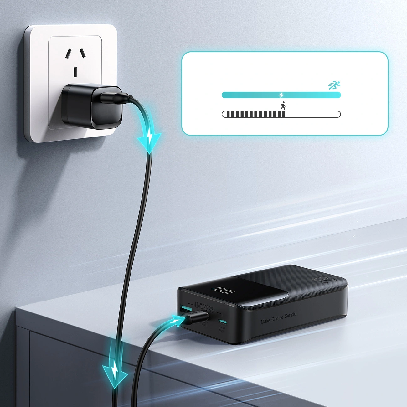 Външна батерия Joyroom JR-QP192, 20000mAh, 22.5W, QC + PD, 1 x USB-A - 2 x USB-C, Черна