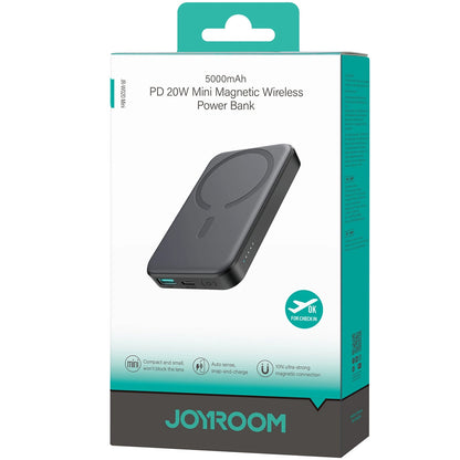 Joyroom JR-W020 Мини външна батерия, 5000mAh, 20W, QC + PD + FQI, 1 x QI - 1 x USB-A - 1 x USB-C, черна 