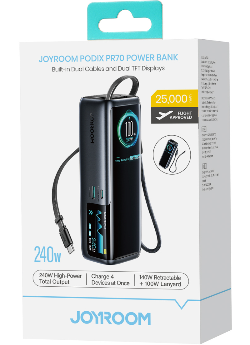 Външна батерия Joyroom PODIX PR70, 25000mAh, 240W, QC + PD, 1 x USB-A - 3 x USB-C, черна
