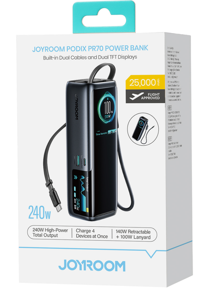 Външна батерия Joyroom PODIX PR70, 25000mAh, 240W, QC + PD, 1 x USB-A - 3 x USB-C, черна
