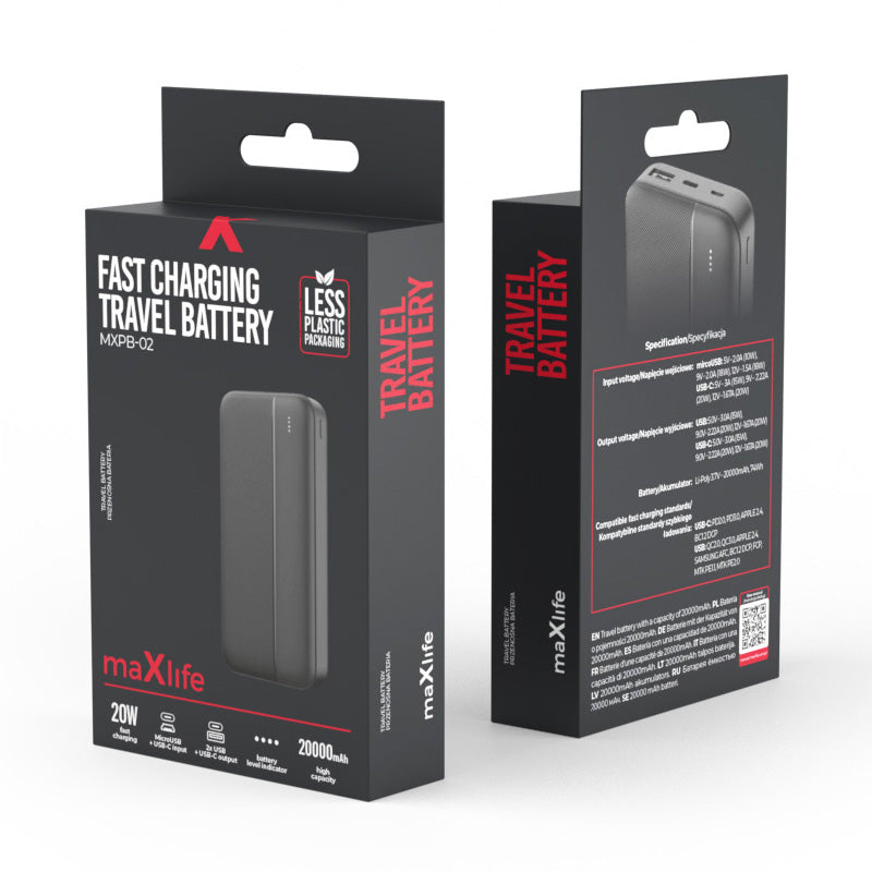 MaXlife MXPB-02 External Battery, 20000mAh, 20W, QC + PD, 1 x USB-A - 1 x USB-C, Black