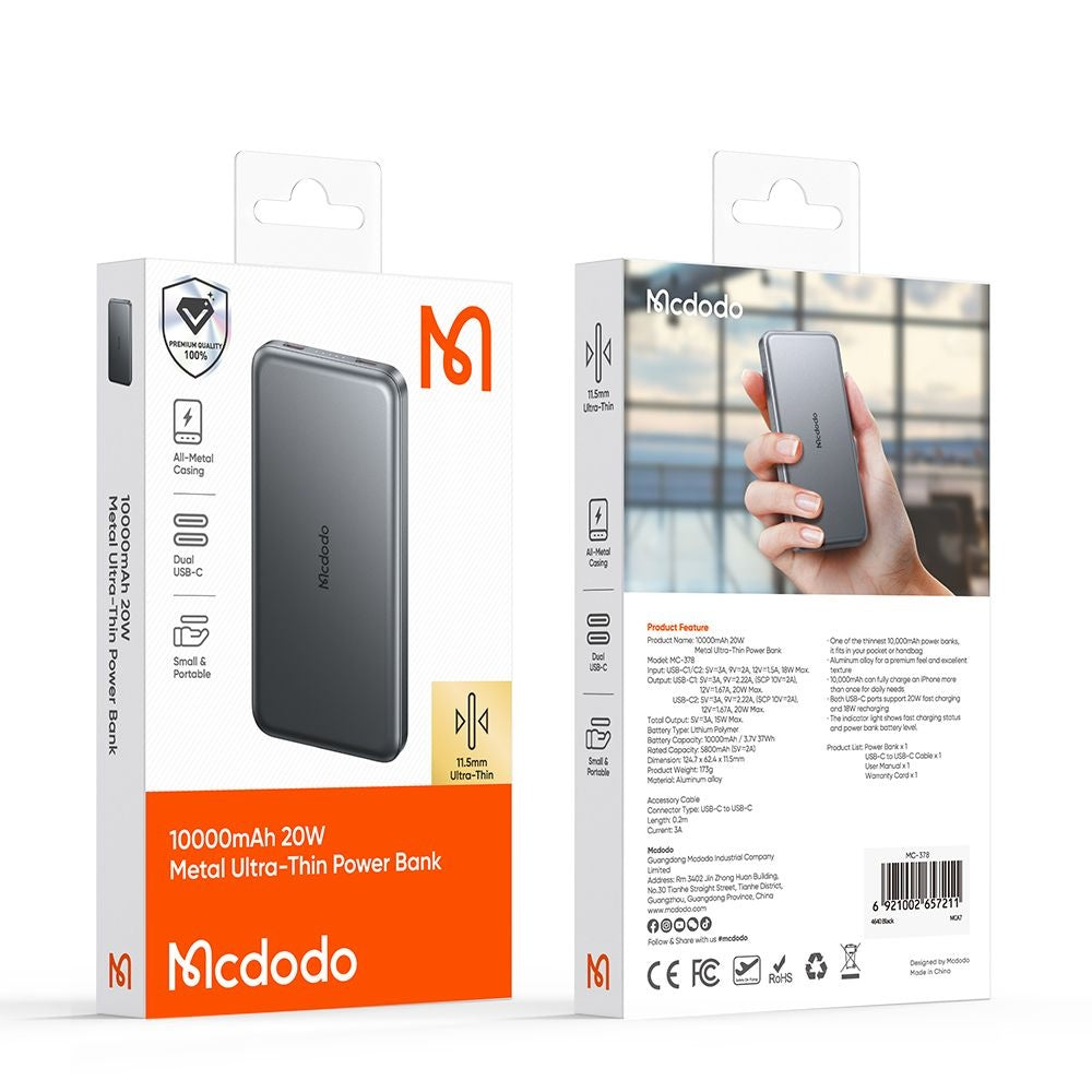 McDodo MC-3781 Meta Wireless External Battery, 10000mAh, 20W, PD + FQI, 1 x QI - 2 x USB-C, Black