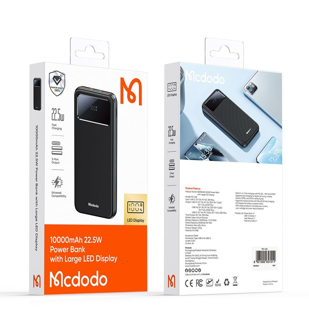 Външна батерия McDodo MC-4220, 10000mAh, 22.5W, QC + PD, 2 x USB-A - 1 x USB-C, Черна