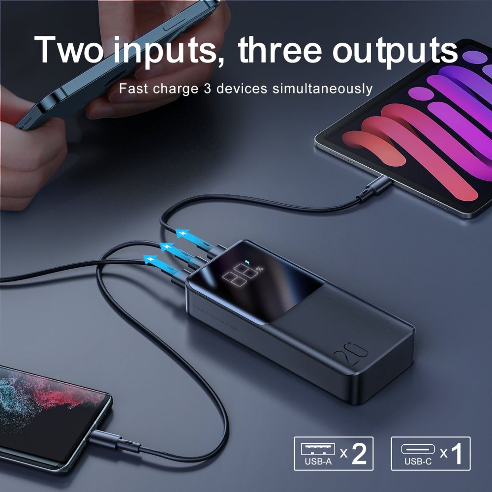 Joyroom External Battery, 20000mAh, 22.5W, QC + PD, 1 x USB-C - 2 x USB-A, Black JR-QP192
