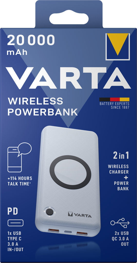 Безжична външна батерия Varta Energy, 20000mAh, 18W, QC + PD + FQI, 1 x QI - 1 x USB-C - 2 x USB-A, бяла