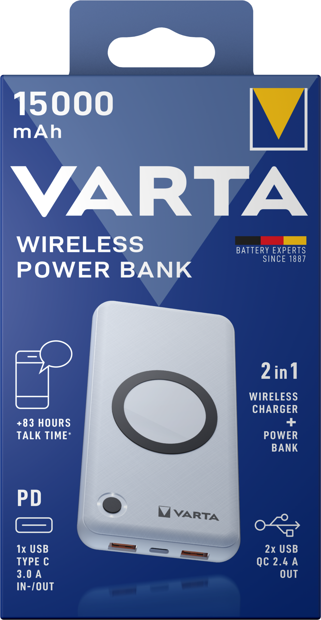 Външна безжична батерия Varta Energy, 15000mAh, 18W, QC + PD + FQI, 1 x QI - 1 x USB-C - 2 x USB-A, бяла