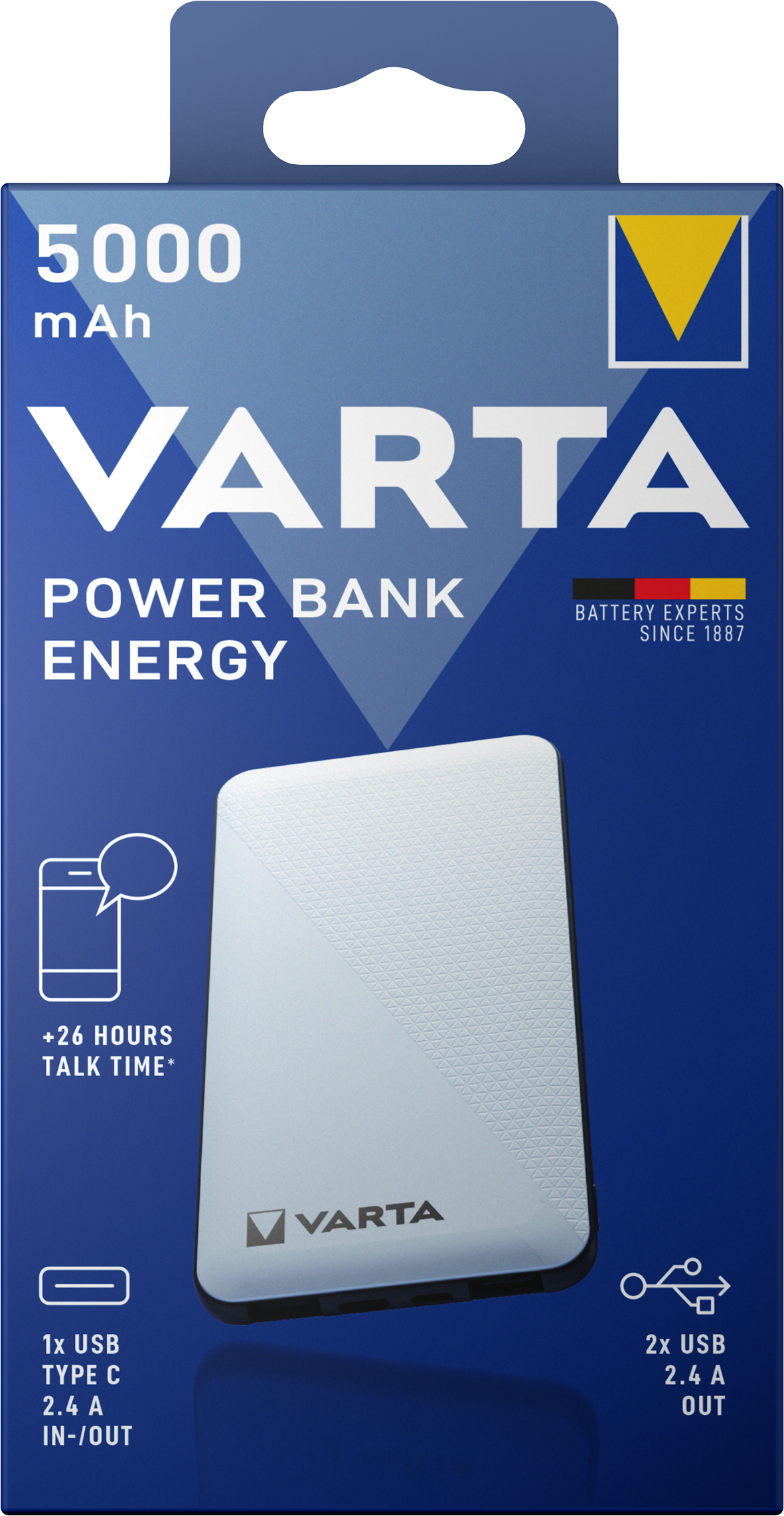 Външна батерия Varta Energy, 5000mAh, 15W, 2 x USB-A - 1 x USB-C, бяла