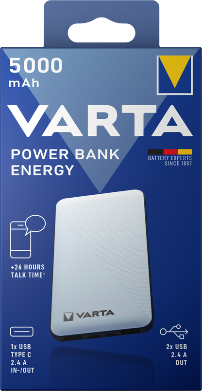 Външна батерия Varta Energy, 5000mAh, 15W, 2 x USB-A - 1 x USB-C, бяла