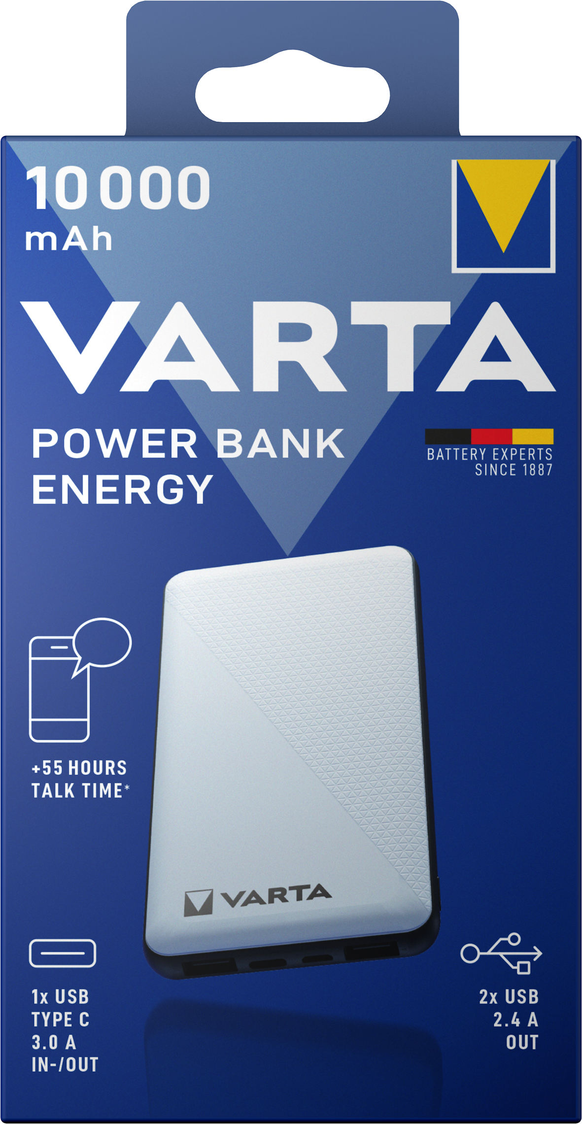 Външна батерия Varta Energy, 10000mAh, 15W, 2 x USB-A - 1 x USB-C, бяла