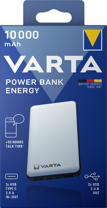 Външна батерия Varta Energy, 10000mAh, 15W, 2 x USB-A - 1 x USB-C, бяла