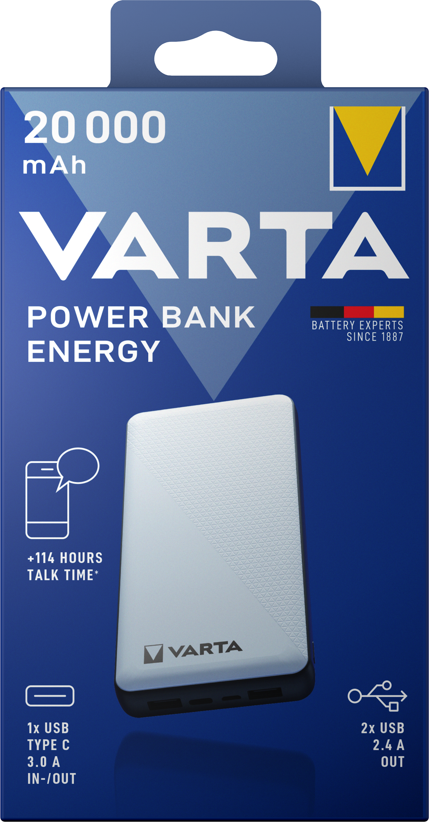 Външна батерия Varta Energy, 20000mAh, 15W, 2 x USB-A - 1 x USB-C, бяла