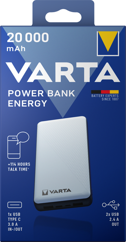 Външна батерия Varta Energy, 20000mAh, 15W, 2 x USB-A - 1 x USB-C, бяла