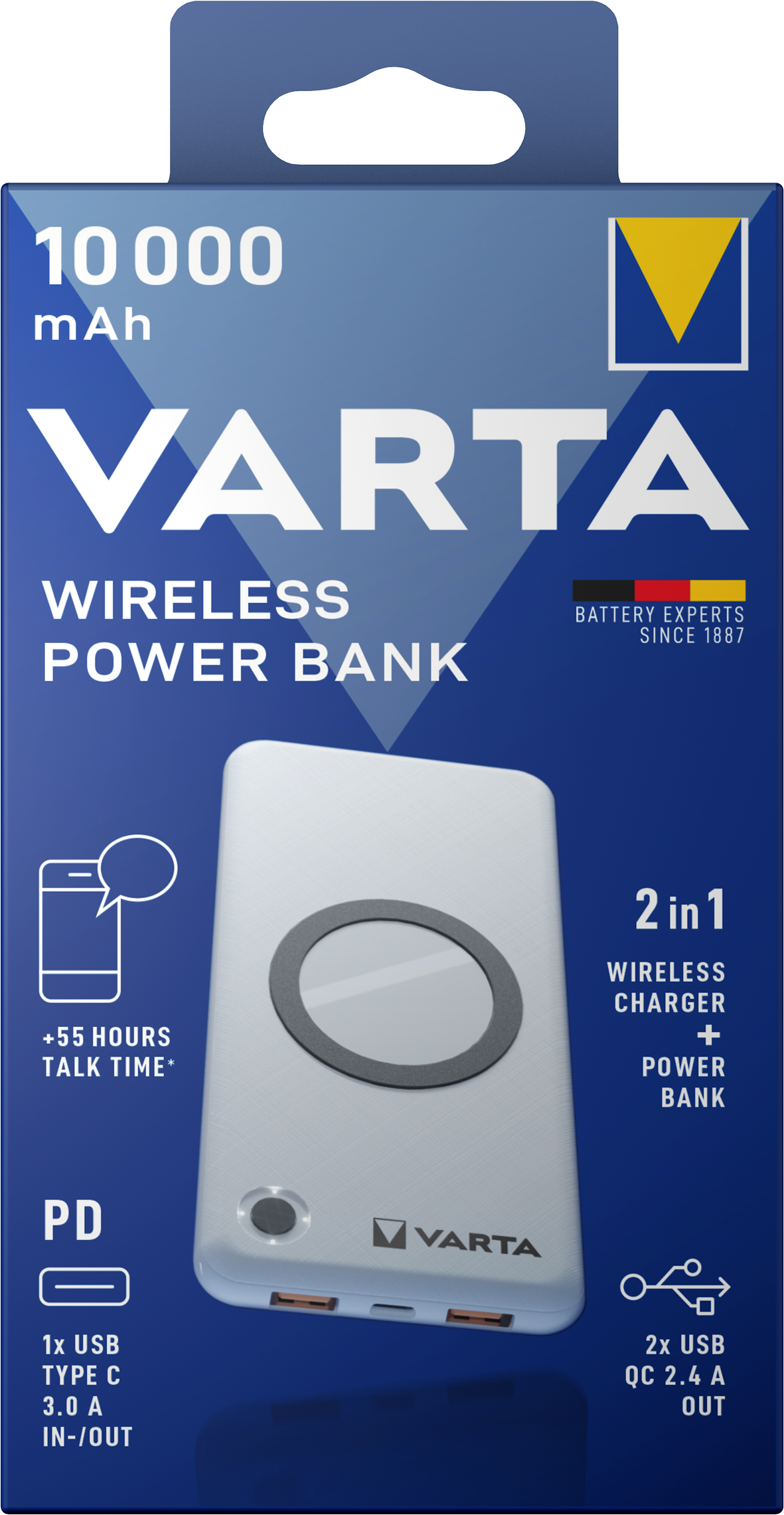 Безжична външна батерия Varta Energy, 10000mAh, 18W, QC + PD + FQI, 1 x QI - 1 x USB-C - 2 x USB-A, бяла