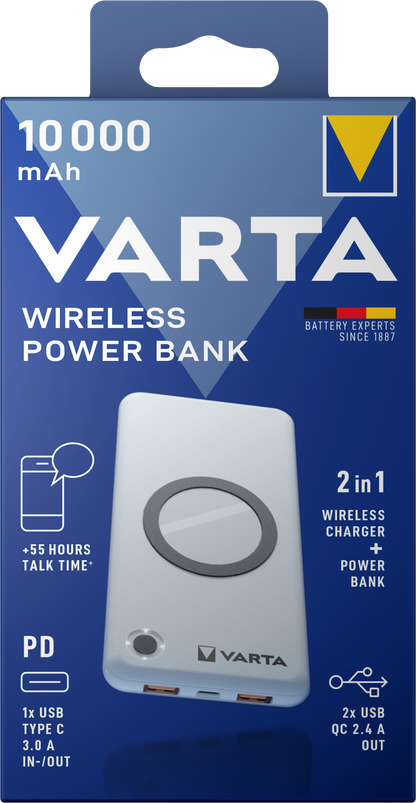 Безжична външна батерия Varta Energy, 10000mAh, 18W, QC + PD + FQI, 1 x QI - 1 x USB-C - 2 x USB-A, бяла