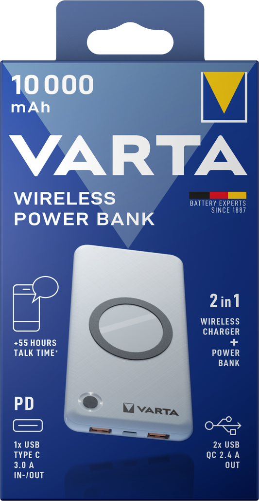 Безжична външна батерия Varta Energy, 10000mAh, 18W, QC + PD + FQI, 1 x QI - 1 x USB-C - 2 x USB-A, бяла