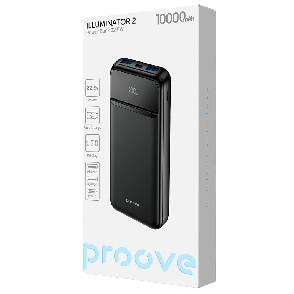 Външна батерия Proove Illuminator 2, 10000mAh, 22.5W, QC + PD, 2 x USB-A - 1 x USB-C, Черна PBIP10212201