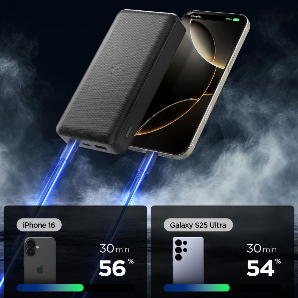 Външна батерия Spigen, 30000mAh, 30W, QC + PD, 1 x USB-A - 2 x USB-C, Черна