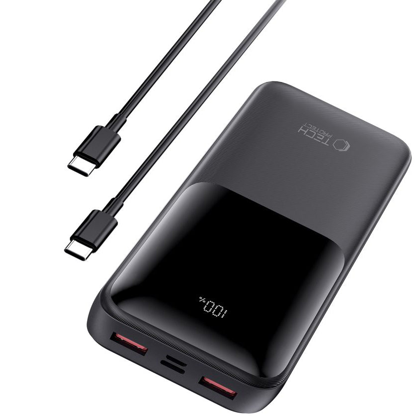 Външна батерия Tech-Protect PB02, 20000mAh, 22.5W, QC + PD, 1 x USB-C - 2 x USB-A, Черна