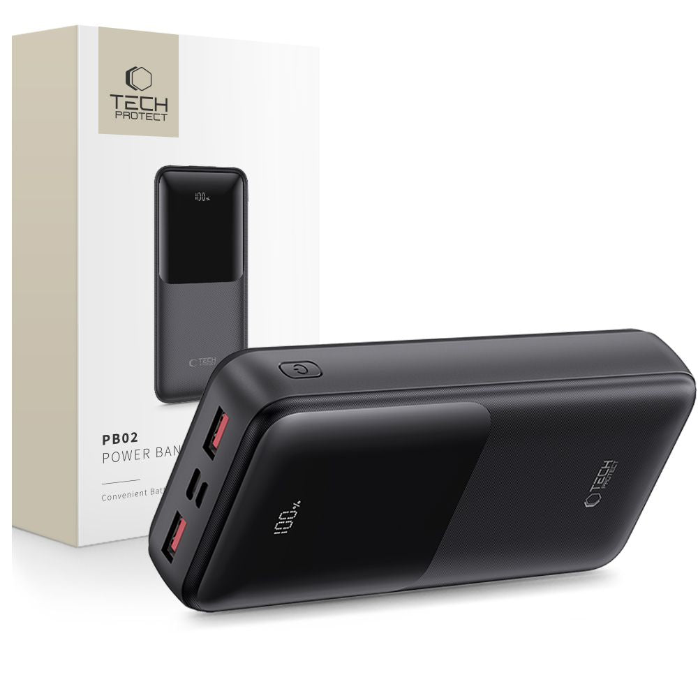 Външна батерия Tech-Protect PB02, 20000mAh, 22.5W, QC + PD, 1 x USB-C - 2 x USB-A, Черна