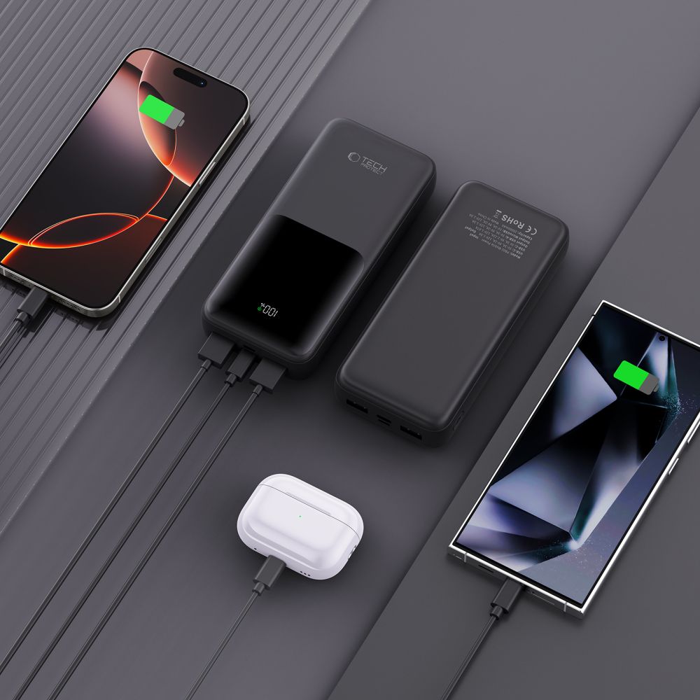 Външна батерия Tech-Protect PB02, 20000mAh, 22.5W, QC + PD, 1 x USB-C - 2 x USB-A, Черна