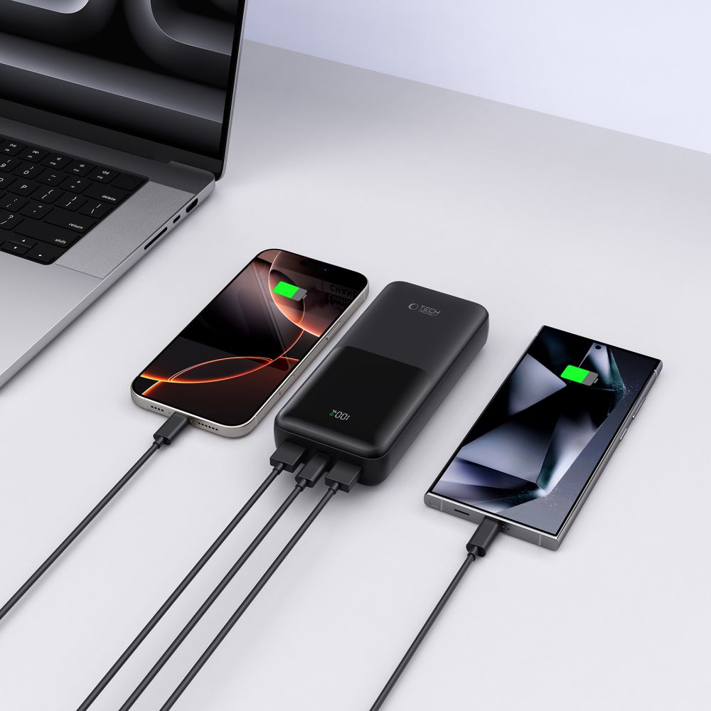 Външна батерия Tech-Protect PB02, 20000mAh, 22.5W, QC + PD, 1 x USB-C - 2 x USB-A, Черна