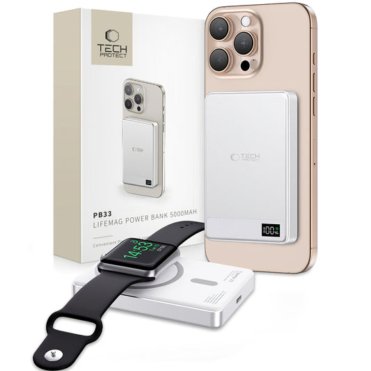 Tech-Protect PB33 LifeMag Безжична външна батерия, 5000mAh, 15W, FQI, 1 x QI - 1 x USB-C, сива