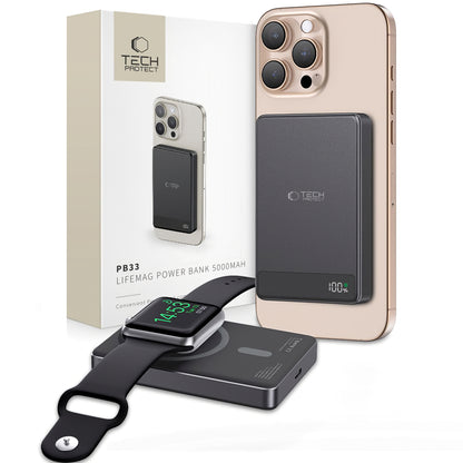 Външна безжична батерия Tech-Protect PB33 LifeMag, 5000mAh, 15W, FQI, 1 x QI - 1 x USB-C, черна