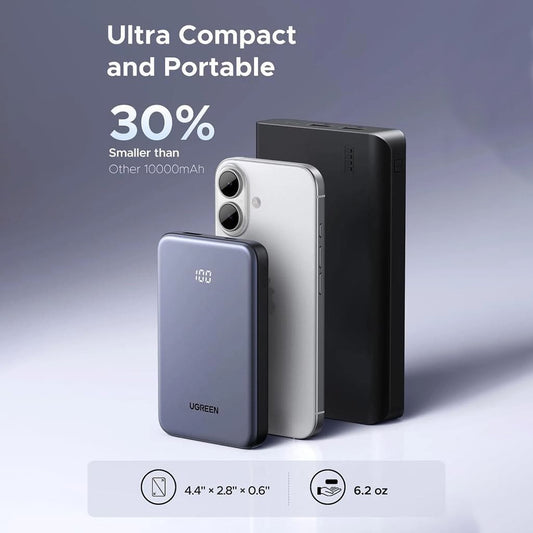 Външна батерия UGREEN 75131B, 10000mAh, 22.5W, QC + PD, 1 x USB-A - 1 x USB-C, Сивa