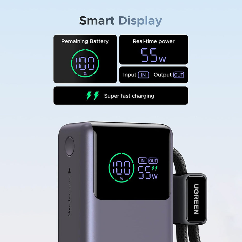 Външна батерия UGREEN Nexode Pro PB727 (85301B), 10000mAh, 55W, QC + PD, 1 x USB-A - 2 x USB-C, Сива