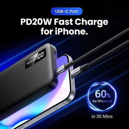 Външна батерия UGREEN PB311, 10000mAh, 22.5W, QC + PD, 1 x USB-C - 2 x USB-A, Черна