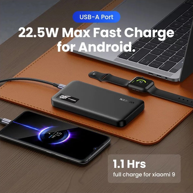 Външна батерия UGREEN PB311, 10000mAh, 22.5W, QC + PD, 1 x USB-C - 2 x USB-A, Черна