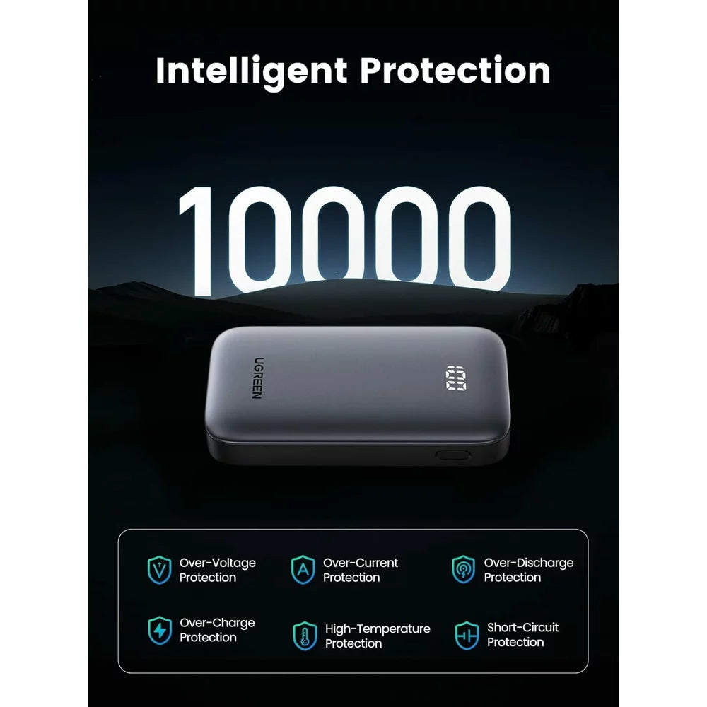 Външна батерия UGREEN PB502, 10000mAh, 30W, QC + PD, 1 x USB-A - 1 x USB-C, Сив
