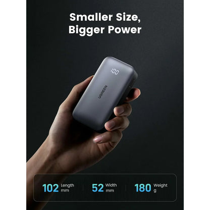Външна батерия UGREEN PB502, 10000mAh, 30W, QC + PD, 1 x USB-A - 1 x USB-C, Сив