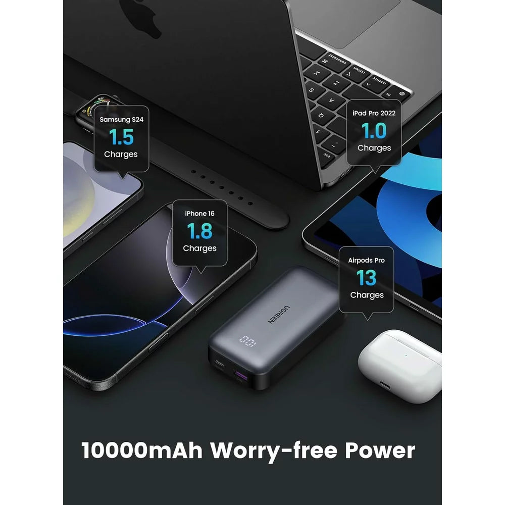 Външна батерия UGREEN PB502, 10000mAh, 30W, QC + PD, 1 x USB-A - 1 x USB-C, Сив