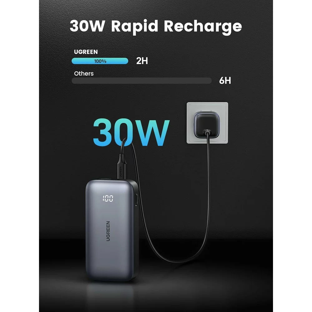 Външна батерия UGREEN PB502, 10000mAh, 30W, QC + PD, 1 x USB-A - 1 x USB-C, Сив