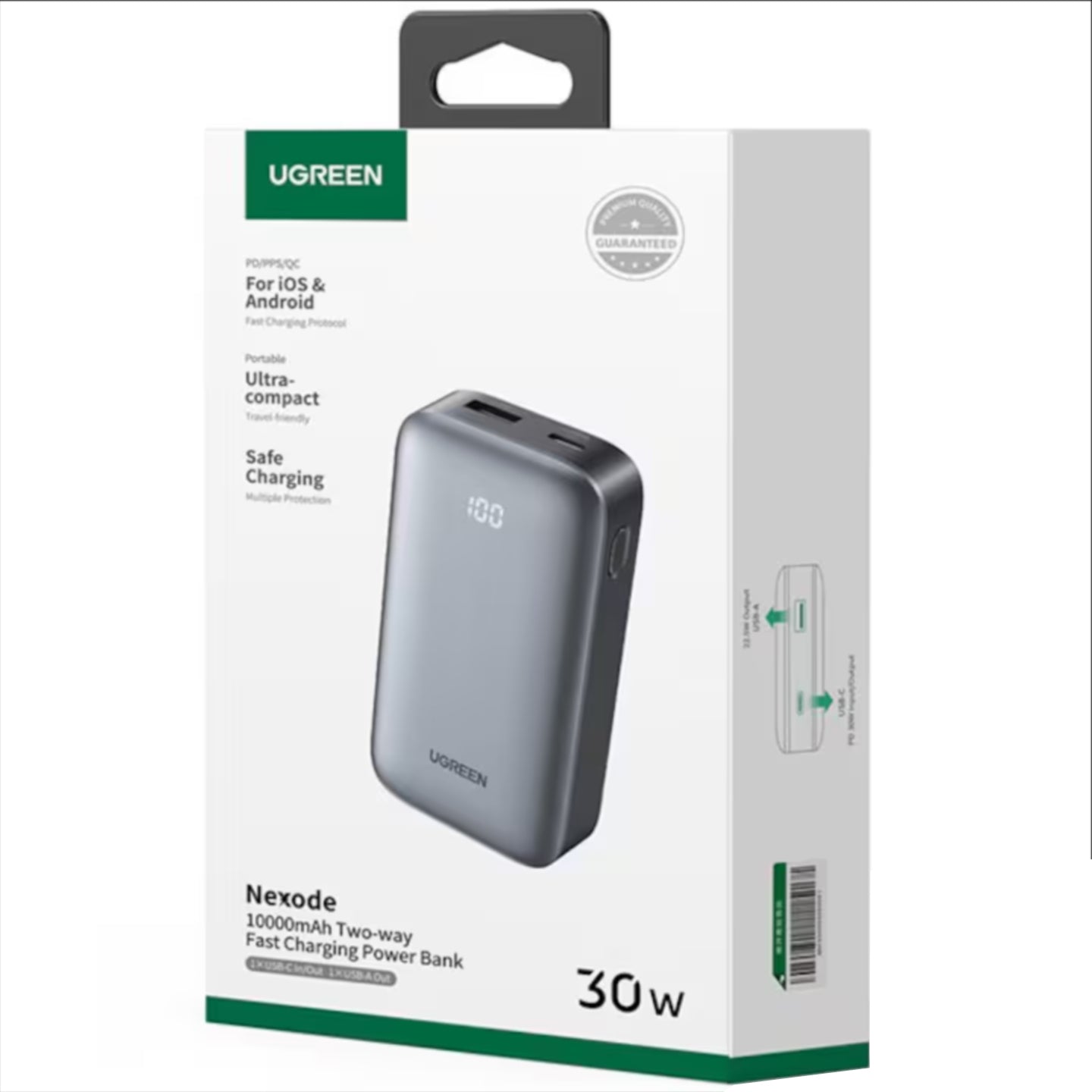 Външна батерия UGREEN PB502, 10000mAh, 30W, QC + PD, 1 x USB-A - 1 x USB-C, Сив