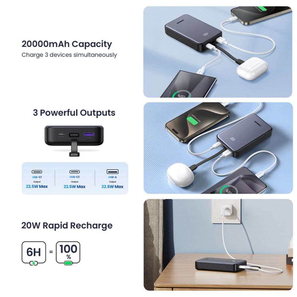 Външна батерия UGREEN PB505, 20000mAh, 22.5W, QC + PD, 1 x USB-A - 2 x USB-C, Сивa