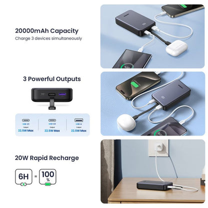 Външна батерия UGREEN PB505, 20000mAh, 22.5W, QC + PD, 1 x USB-A - 2 x USB-C, Сивa
